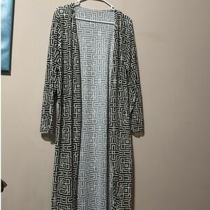 Long Duster Cardigan Geometric Print Open Front Black White Women's Size L